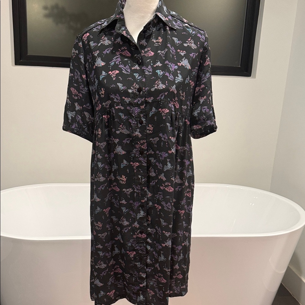 Black Silk Button-Up Shirt Dress with Pastel Butterfly Print